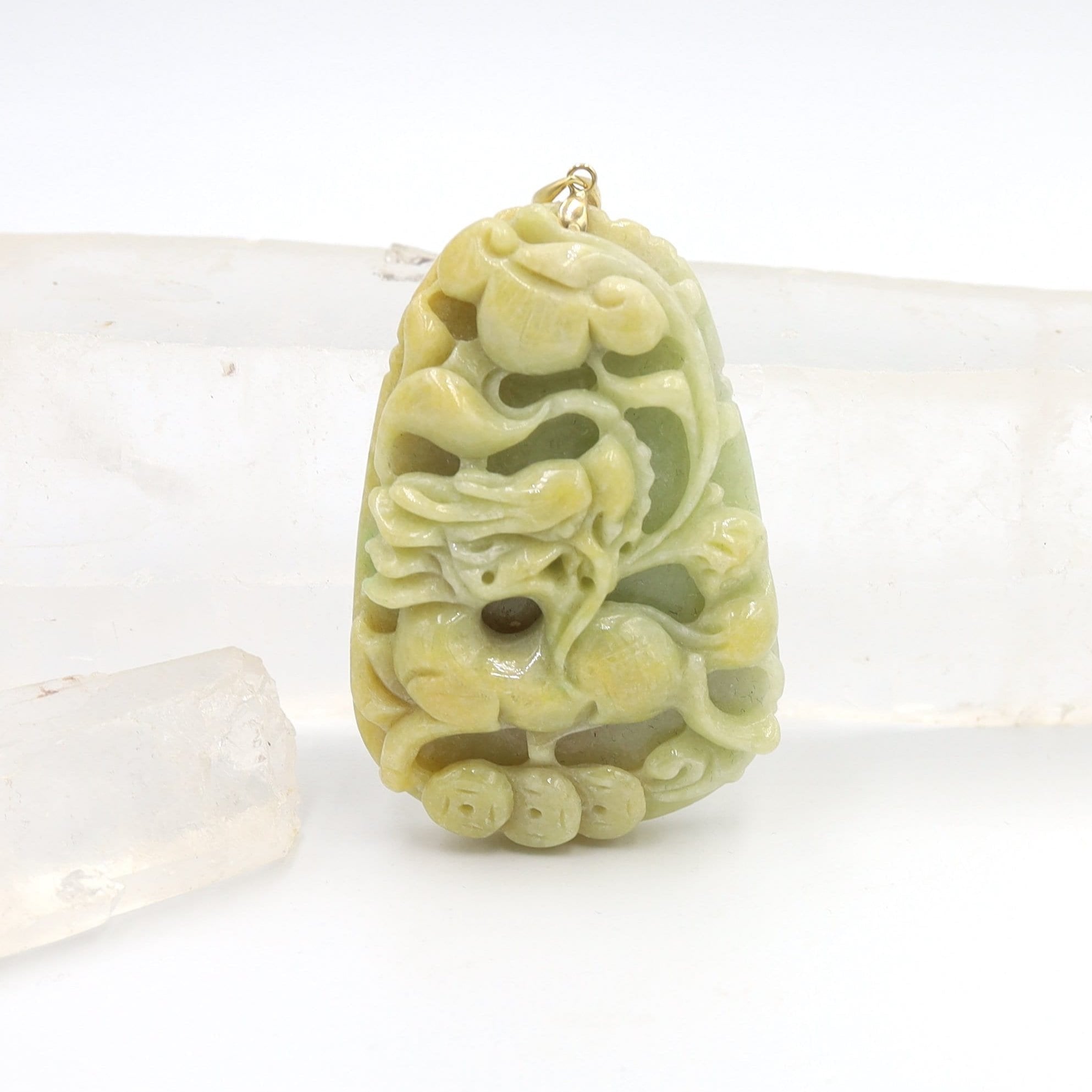 Large Carved Dragon Jade Pendant with 14k Yellow Gold Bail - JL1018 - Petra Star