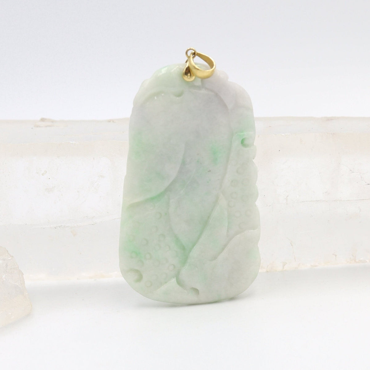 Large Carved Dragon White & Light Green Jade Pendant with 14k Yellow Gold Bail - JL1020 - Petra Star