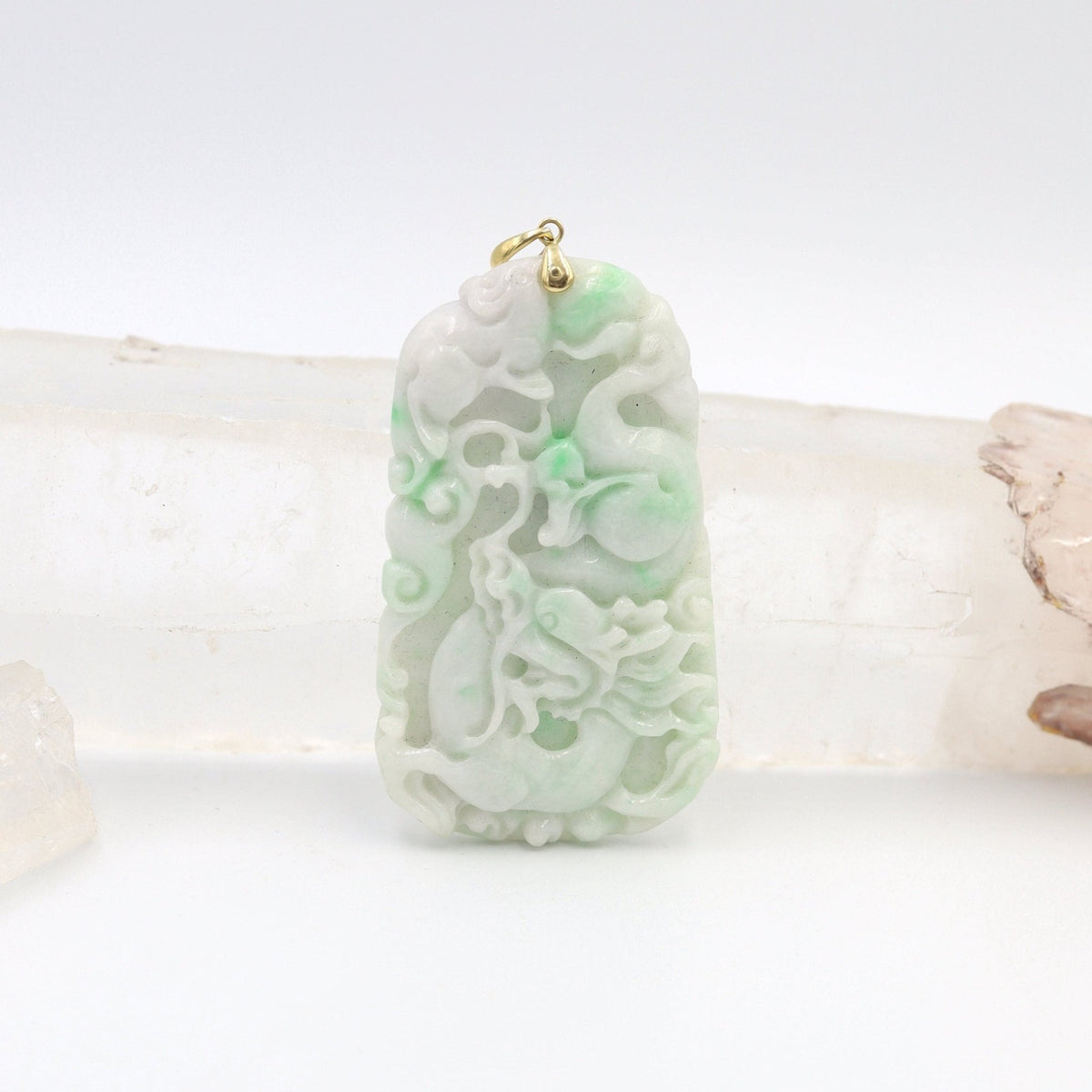 Large Carved Dragon White & Light Green Jade Pendant with 14k Yellow Gold Bail - JL1020 - Petra Star