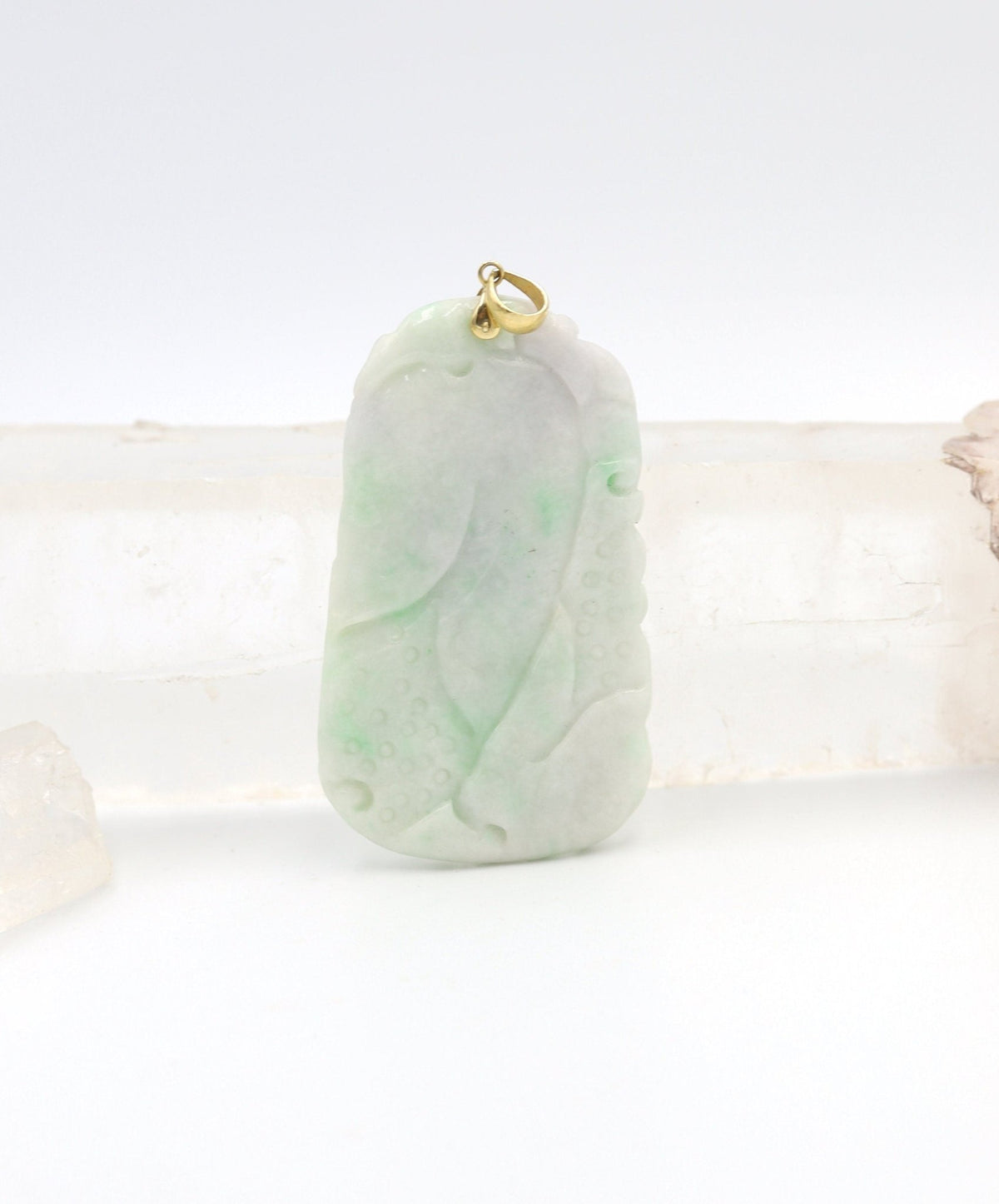 Large Carved Dragon White & Light Green Jade Pendant with 14k Yellow Gold Bail - JL1020 - Petra Star
