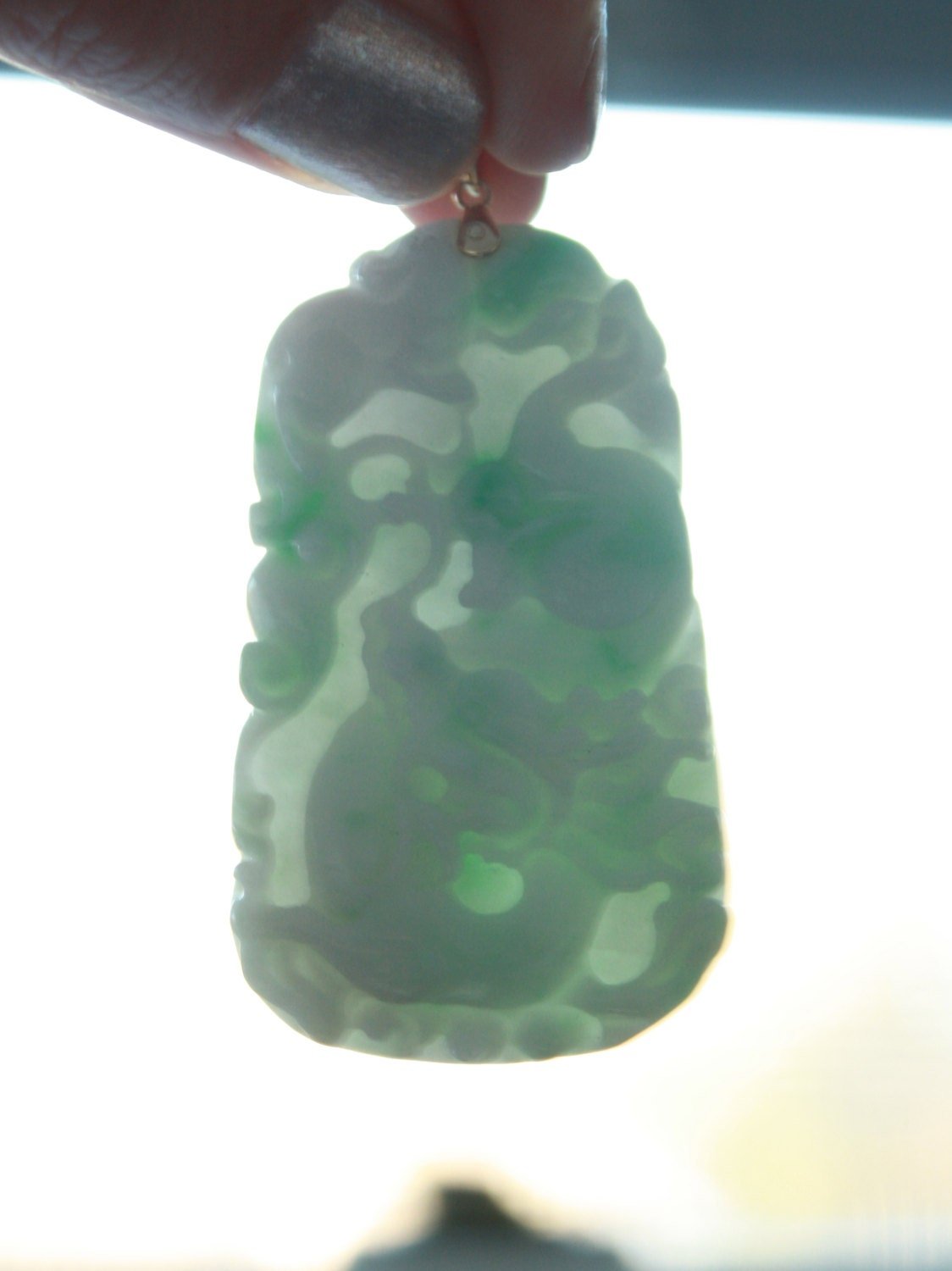 Large Carved Dragon White & Light Green Jade Pendant with 14k Yellow Gold Bail - JL1020 - Petra Star
