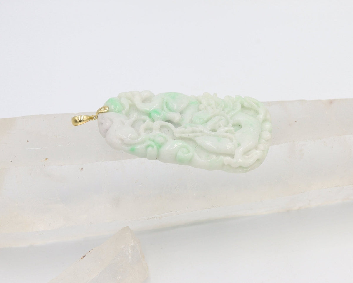 Large Carved Dragon White & Light Green Jade Pendant with 14k Yellow Gold Bail - JL1020 - Petra Star