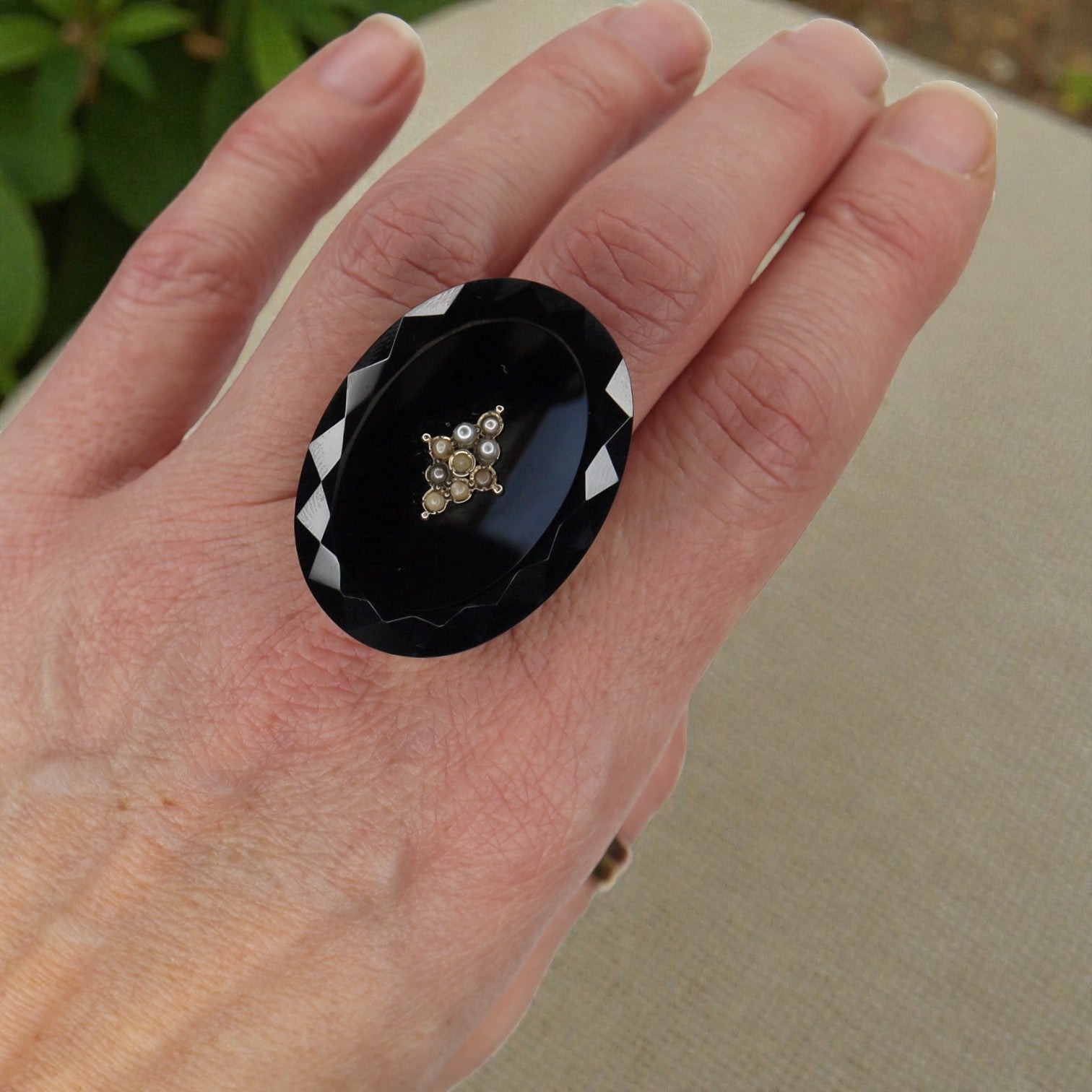 Large Victorian Onyx and Pearl Ring - Petra Star