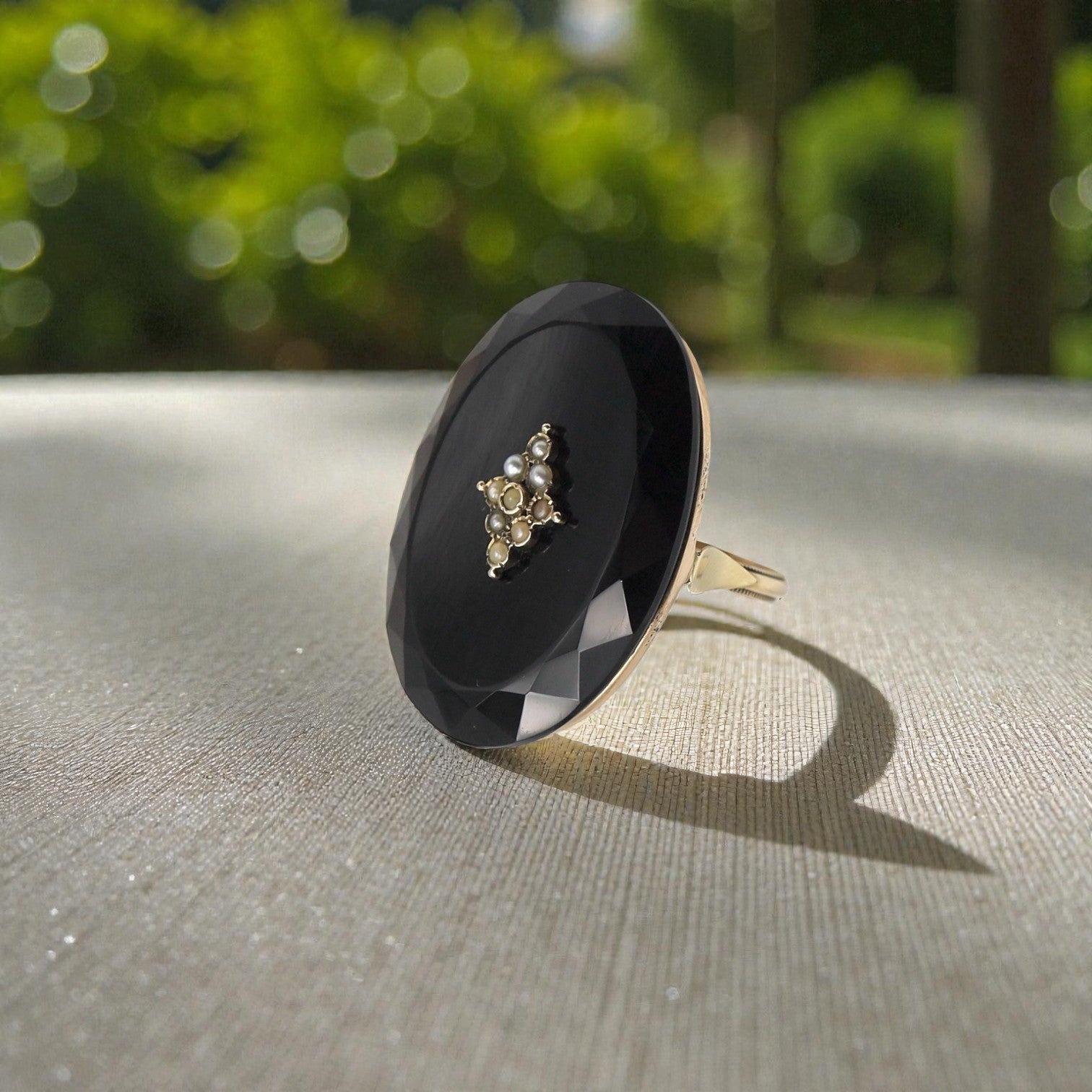 Large Victorian Onyx and Pearl Ring - Petra Star