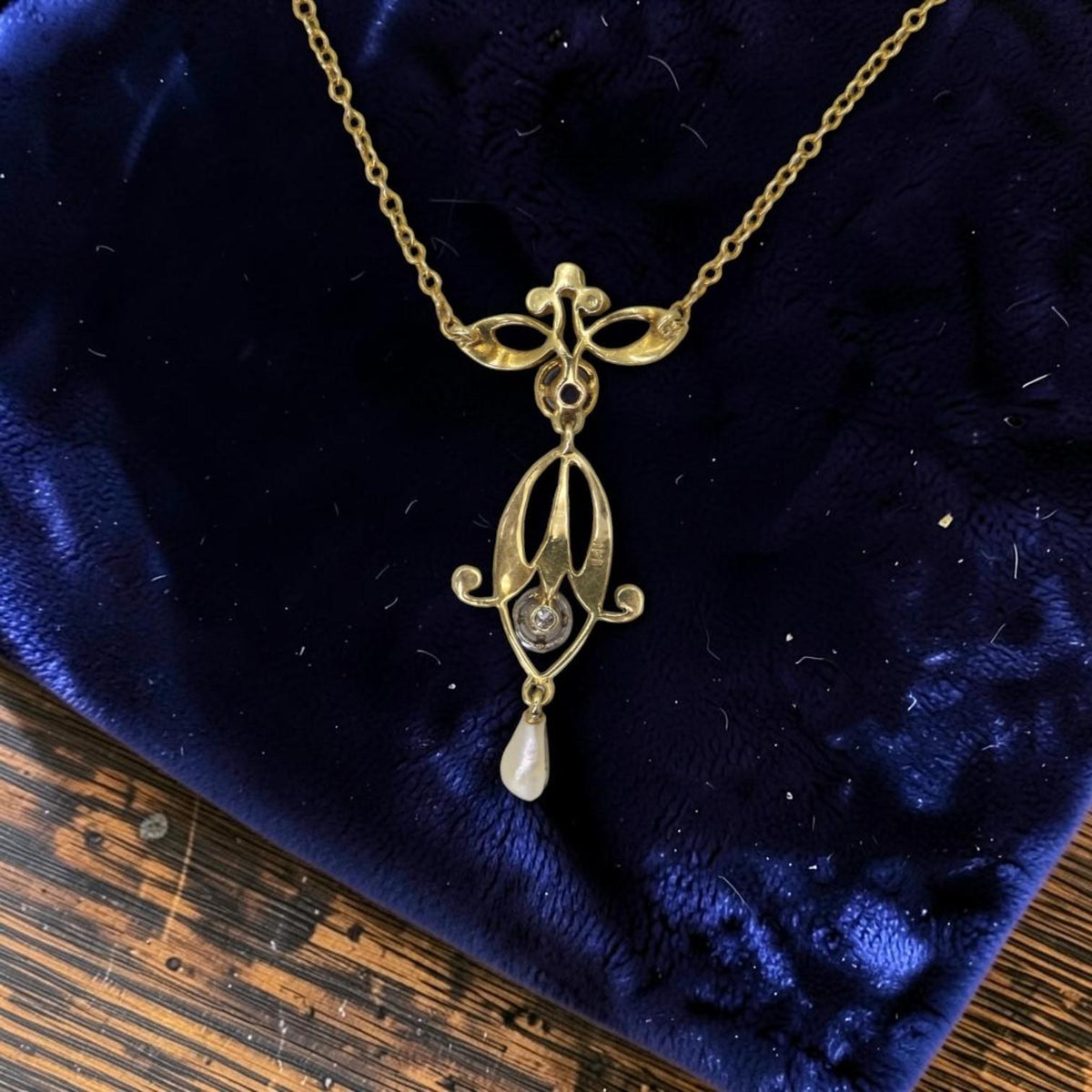 Late Victorian Sapphire Diamond Pearl Lavalier in 14K Gold, 1900 Pendant Necklace - Petra Star