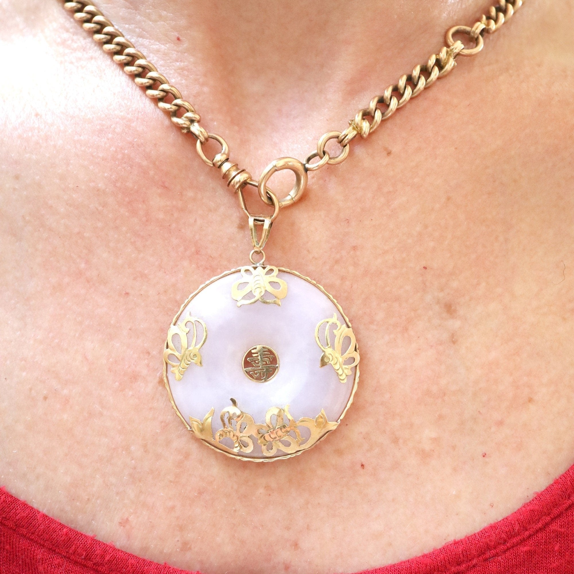 Lavender Jade Pi with Gold Shou Pendant in 14k yellow gold / Jade Butterfly Pendant - Petra Star