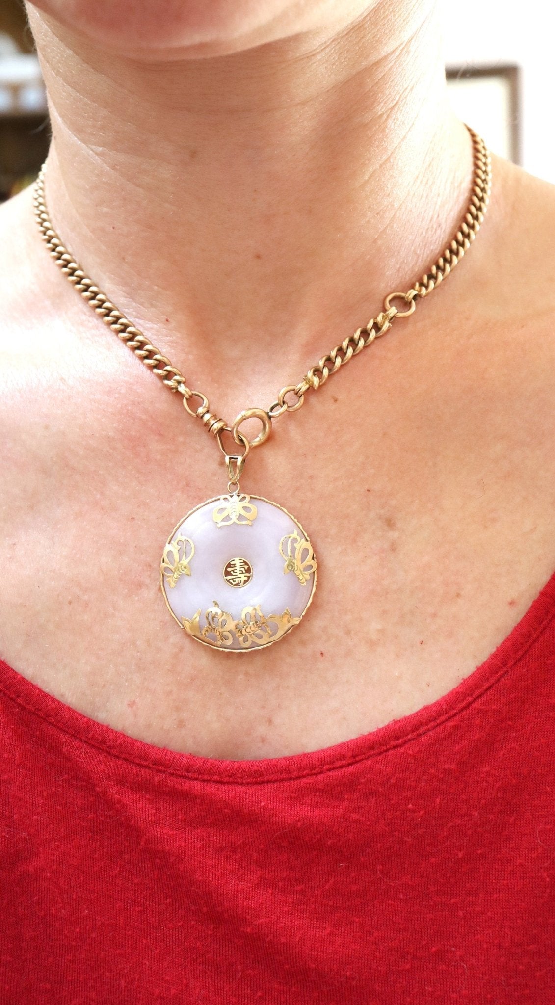 Lavender Jade Pi with Gold Shou Pendant in 14k yellow gold / Jade Butterfly Pendant - Petra Star