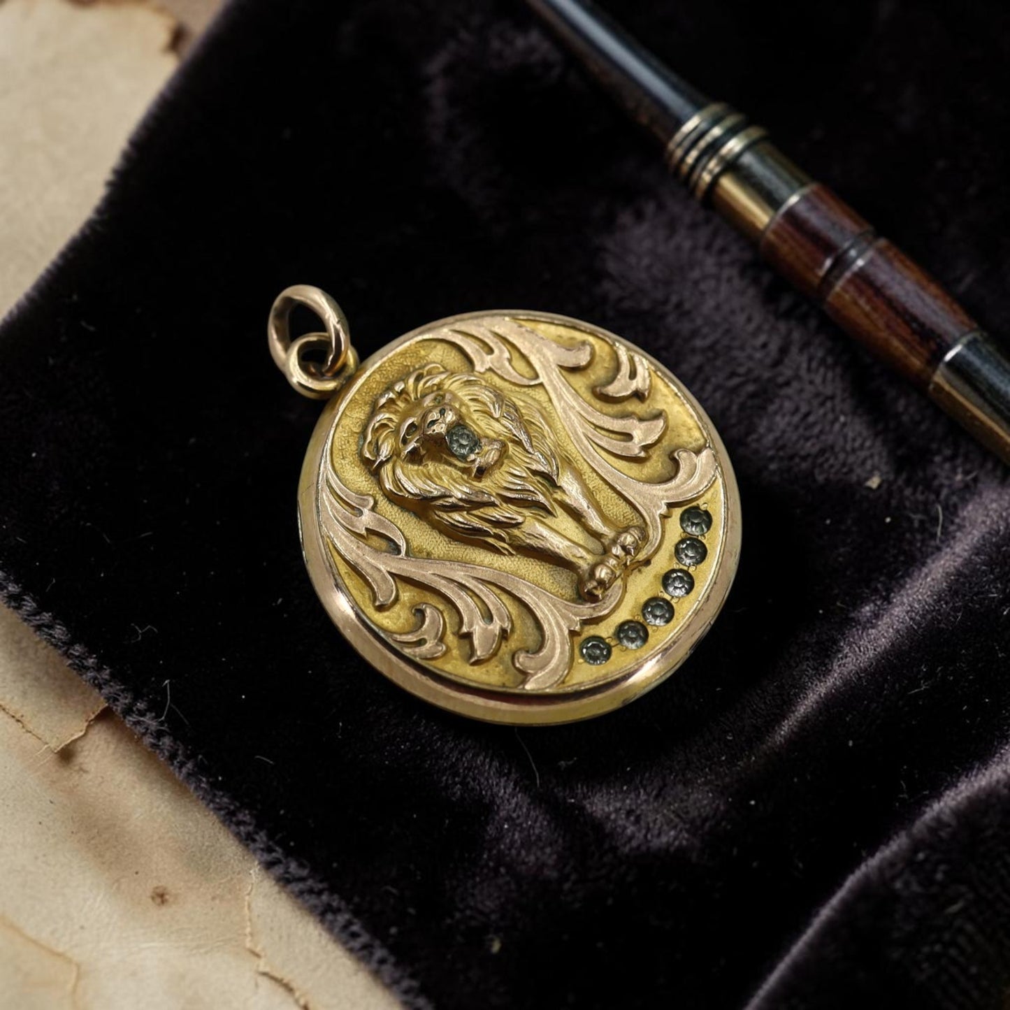 Art Nouveau Gold Filled Lion Locket With Paste Circa 1905 Monogrammed NES - Petra Star