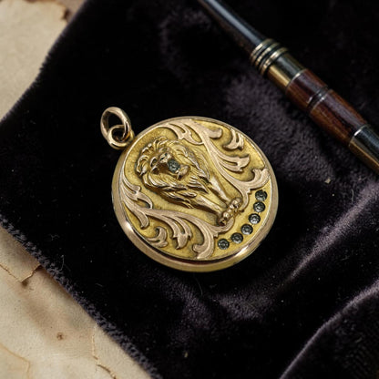 Art Nouveau Gold Filled Lion Locket With Paste Circa 1905 Monogrammed NES - Petra Star