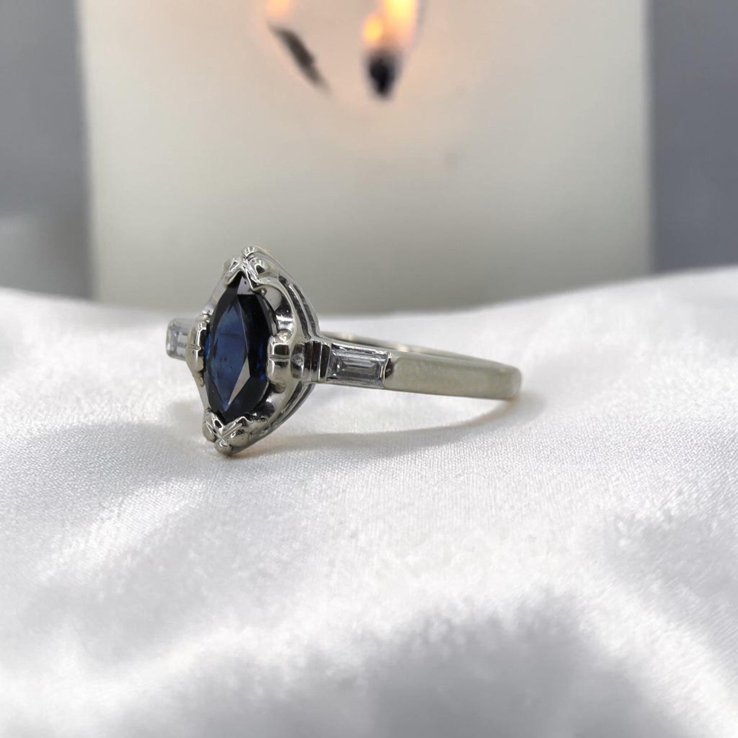 Marquise teal sapphire engagement ring with channel-set baguette diamonds in 14k white gold, size 5, by The Vintage Vault.