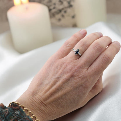 Marquise Teal Sapphire Ring with Channel-Set Baguette Diamonds in 14k White Gold - Petra Star