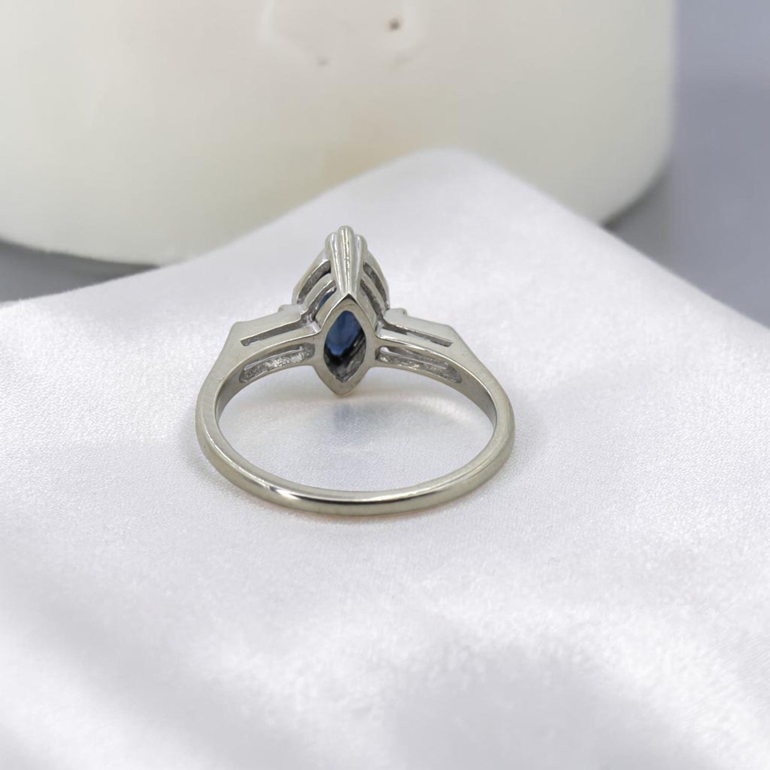 Marquise Teal Sapphire Ring with Channel-Set Baguette Diamonds in 14k White Gold - Petra Star
