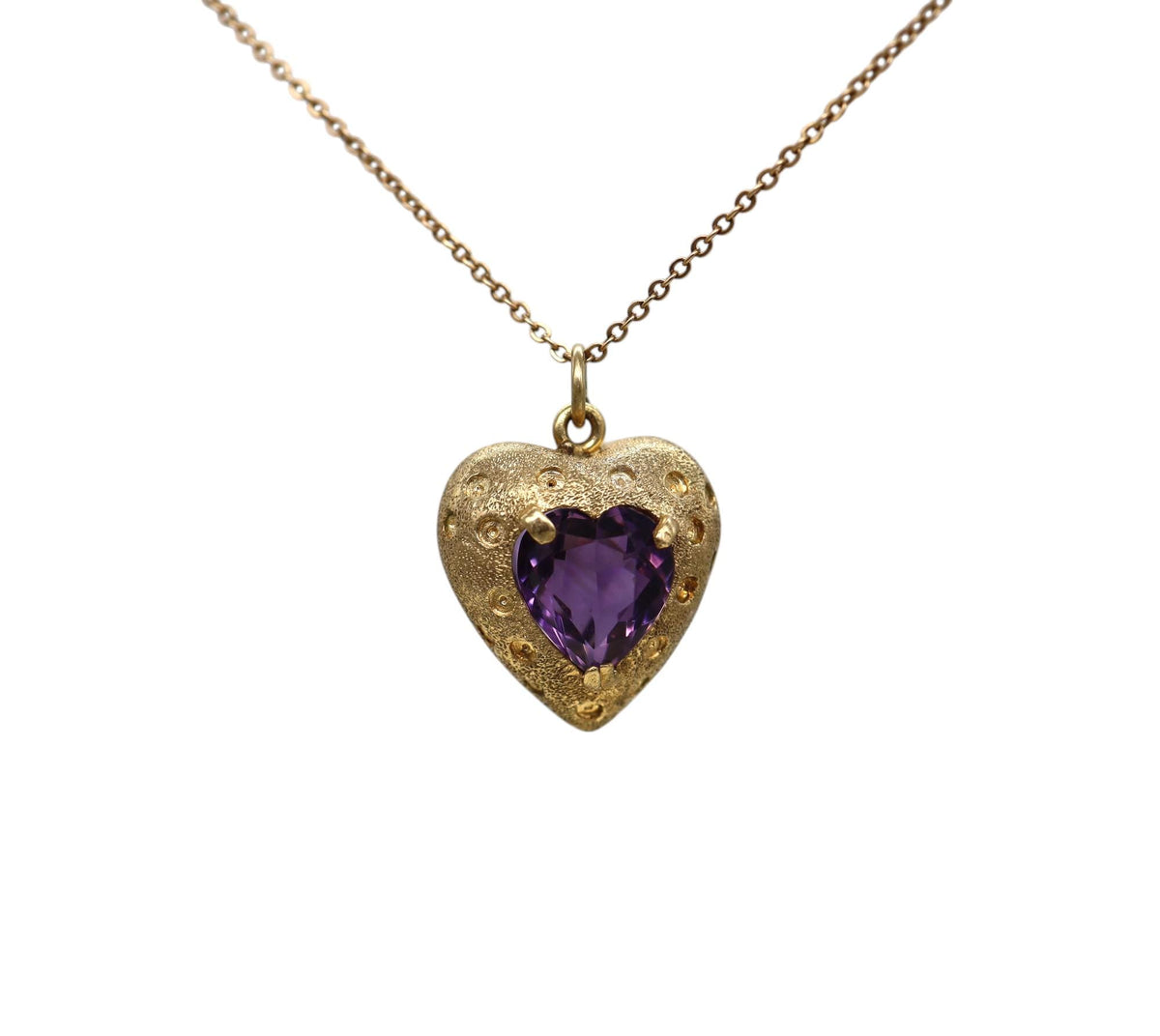 Mid-Century 14K Gold Amethyst Puffy Heart Pendant - Petra Star