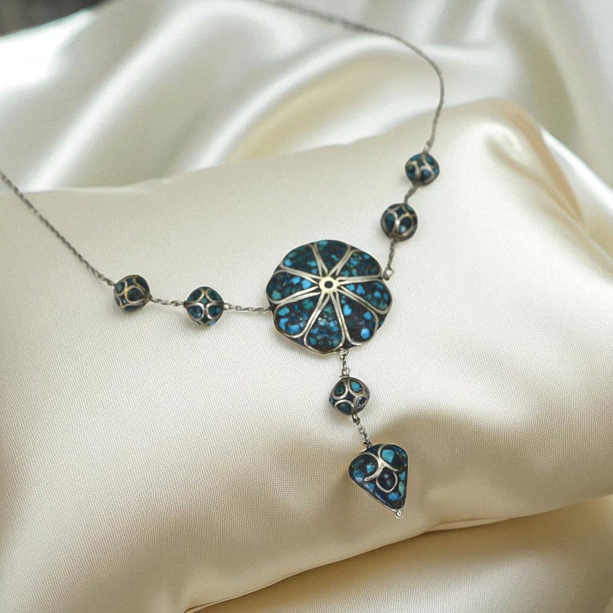 Mid-Century Silver Inlaid Drop Necklace - Petra Star