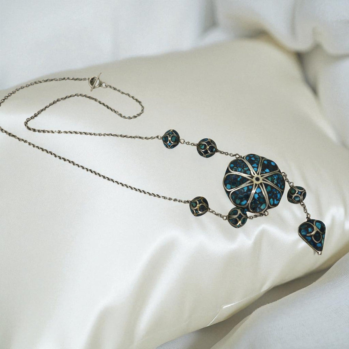 Mid-Century Silver Inlaid Drop Necklace - Petra Star