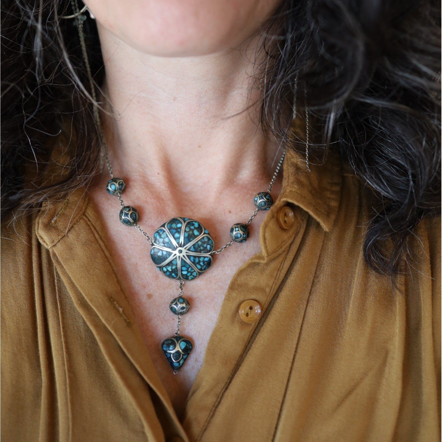 Mid-Century Silver Inlaid Drop Necklace - Petra Star