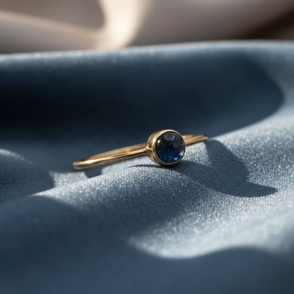 Minimalist Teal Sapphire Ring – Recycled 14k Yellow Gold | Cabochon Gemstone Ring - Petra Star