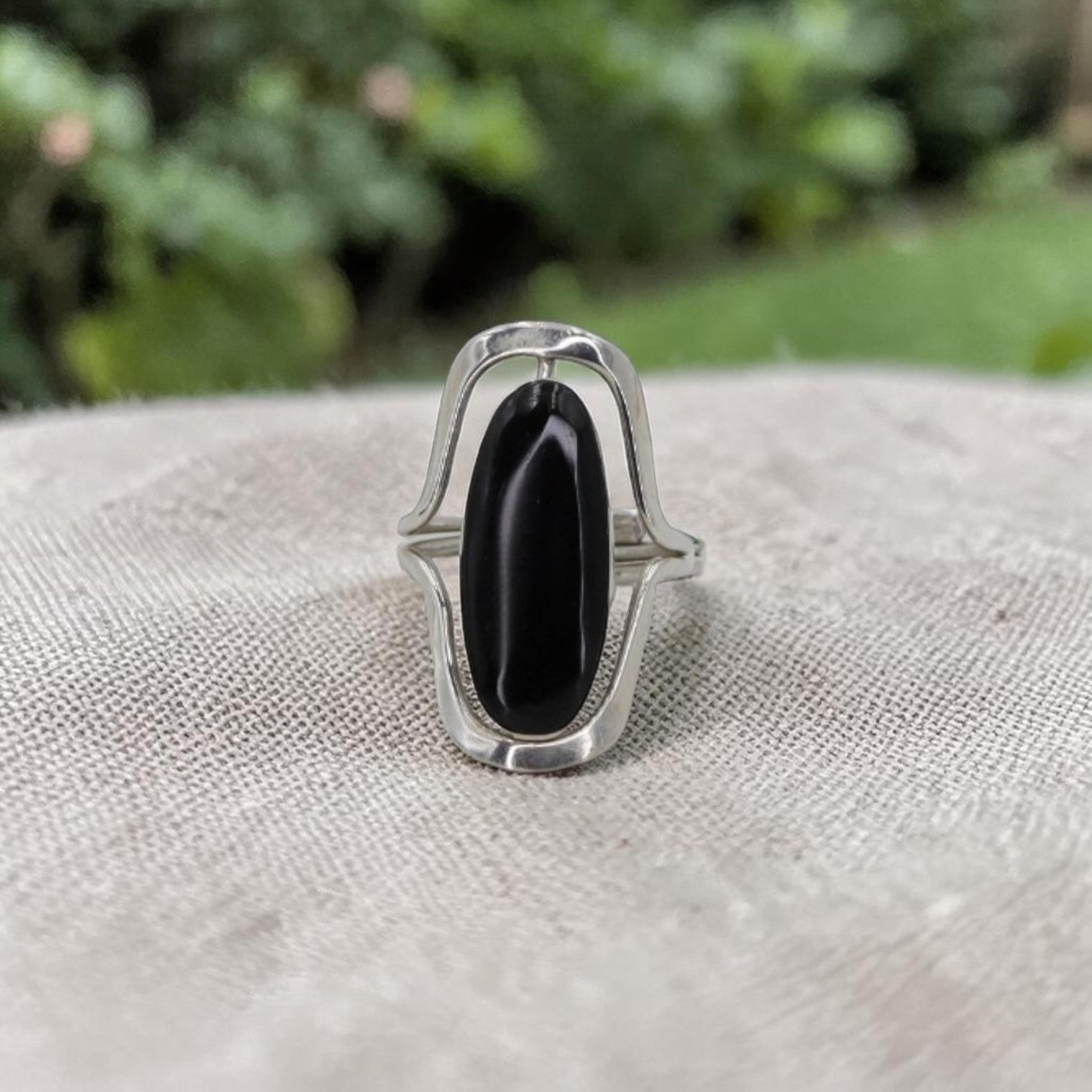 Modernist Sterling Silver Swivel Ring | Black Onyx & Abalone Shell | Rotating Double-Sided | Adjustable Open Shank | Handmade 925 - Petra Star