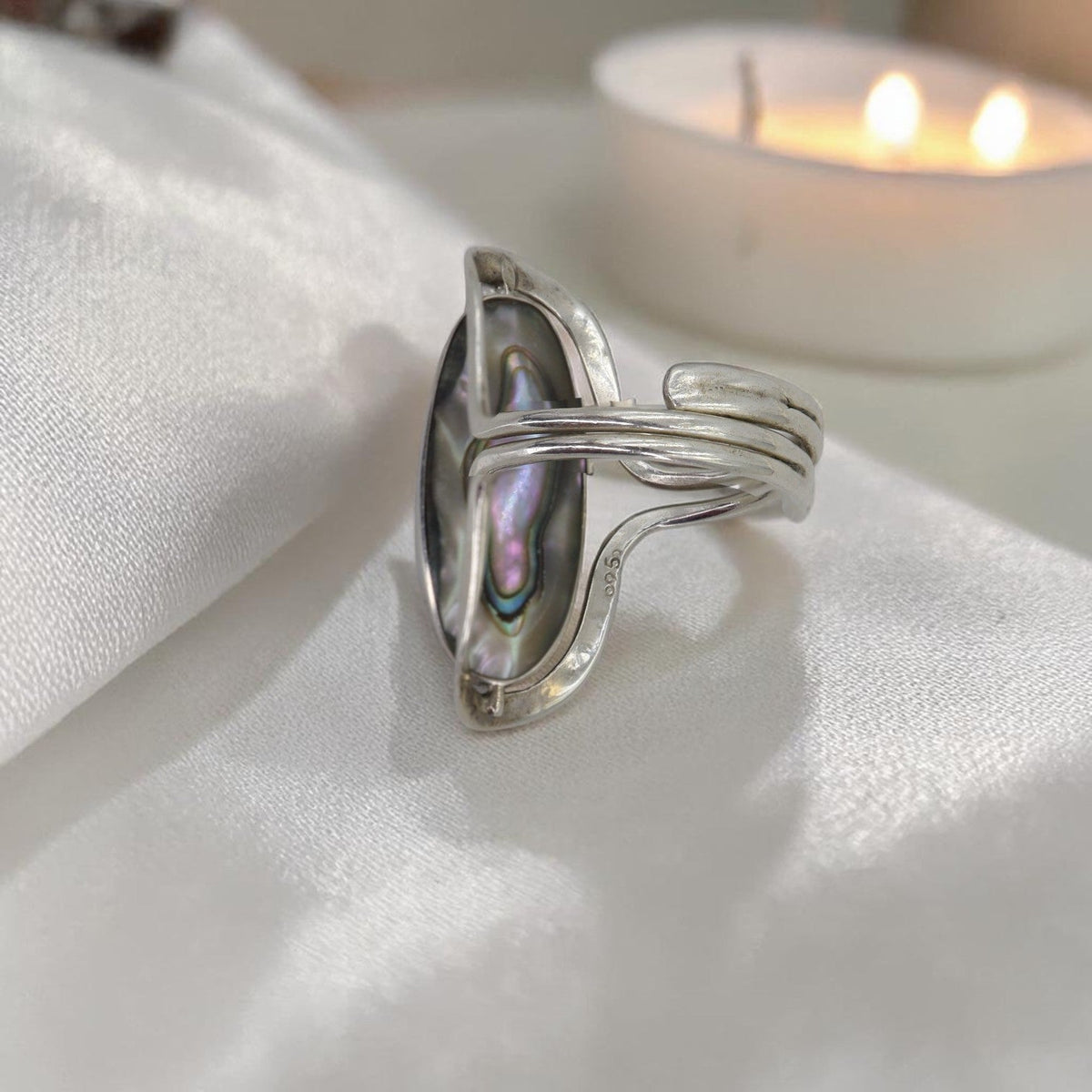 Modernist Sterling Silver Swivel Ring | Black Onyx & Abalone Shell | Rotating Double-Sided | Adjustable Open Shank | Handmade 925 - Petra Star