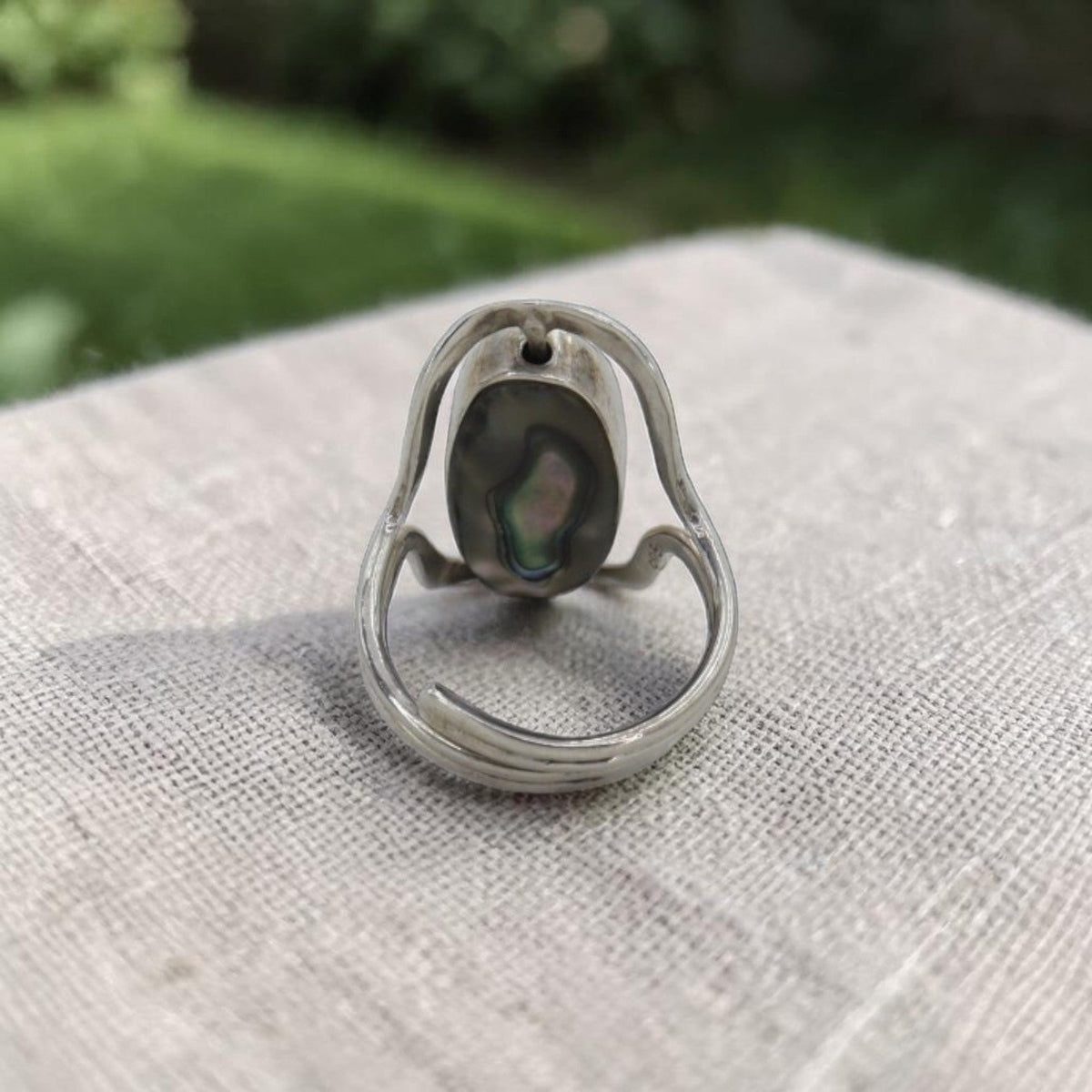 Modernist Sterling Silver Swivel Ring | Black Onyx & Abalone Shell | Rotating Double-Sided | Adjustable Open Shank | Handmade 925 - Petra Star