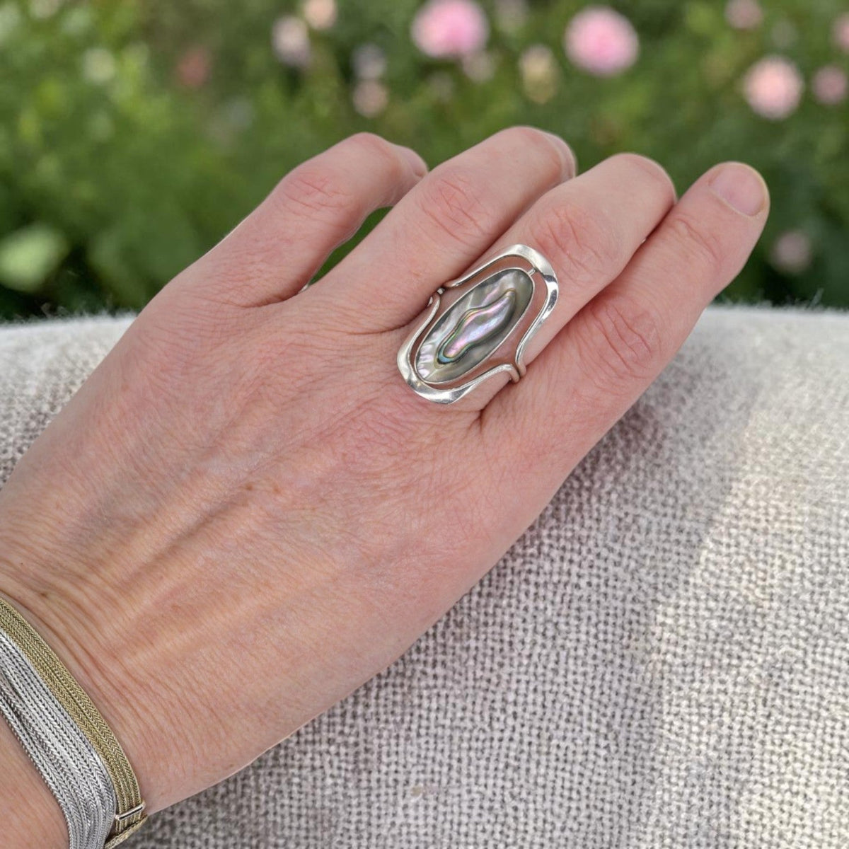 Modernist Sterling Silver Swivel Ring | Black Onyx & Abalone Shell | Rotating Double-Sided | Adjustable Open Shank | Handmade 925 - Petra Star