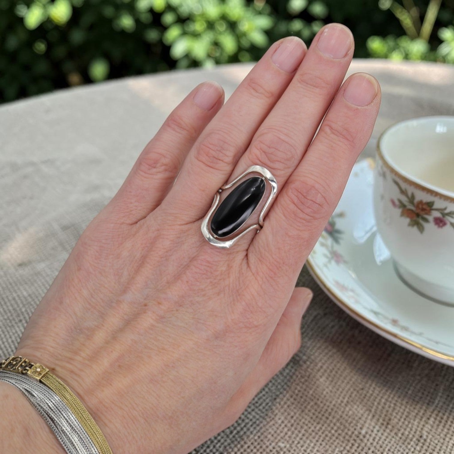 Modernist Sterling Silver Swivel Ring | Black Onyx & Abalone Shell | Rotating Double-Sided | Adjustable Open Shank | Handmade 925 - Petra Star