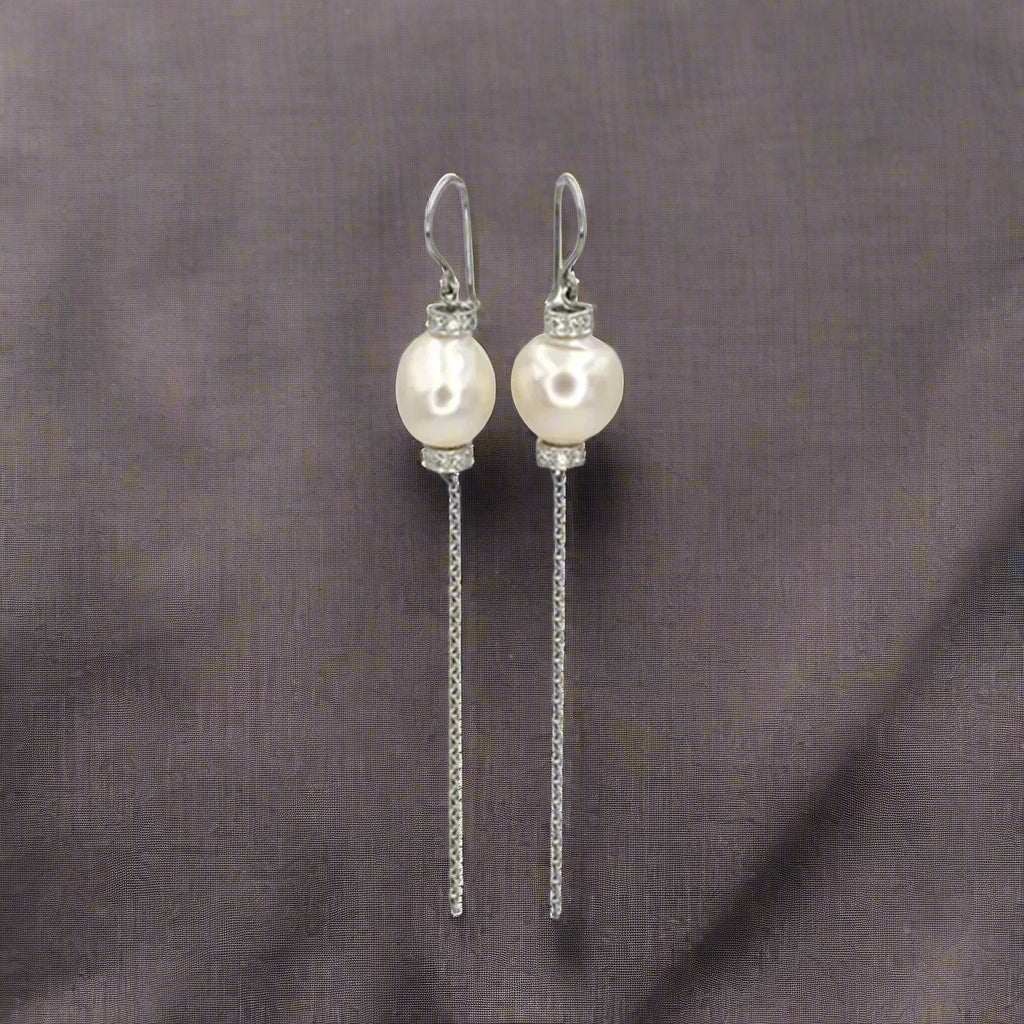 “Nina Mae” Platinum South Sea Pearl & Diamond Drop Earrings - Vintage Hollywood Glamour - Petra Star