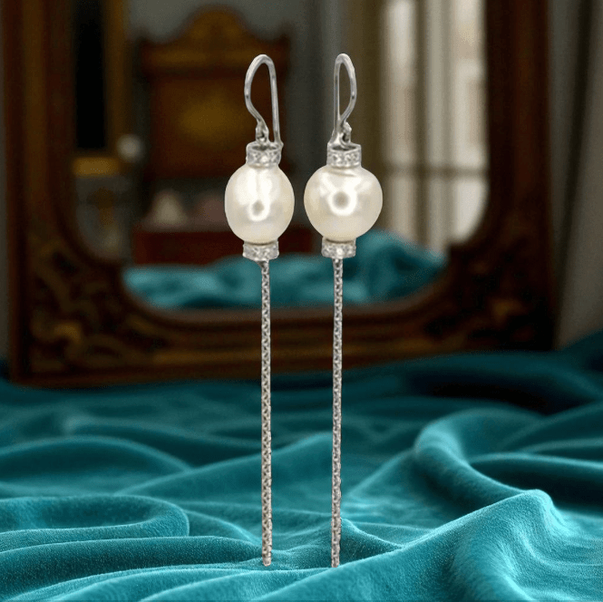 “Nina Mae” Platinum South Sea Pearl & Diamond Drop Earrings - Vintage Hollywood Glamour - Petra Star