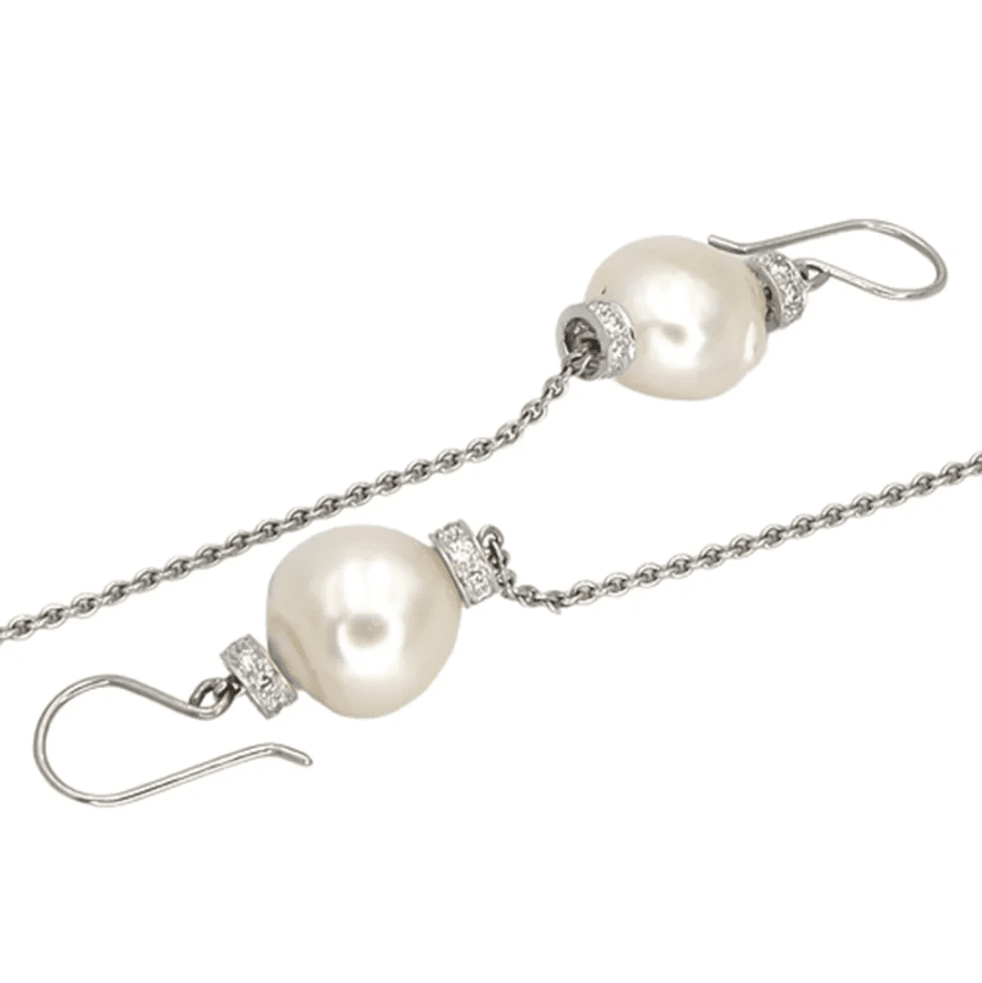 “Nina Mae” Platinum South Sea Pearl & Diamond Drop Earrings - Vintage Hollywood Glamour - Petra Star