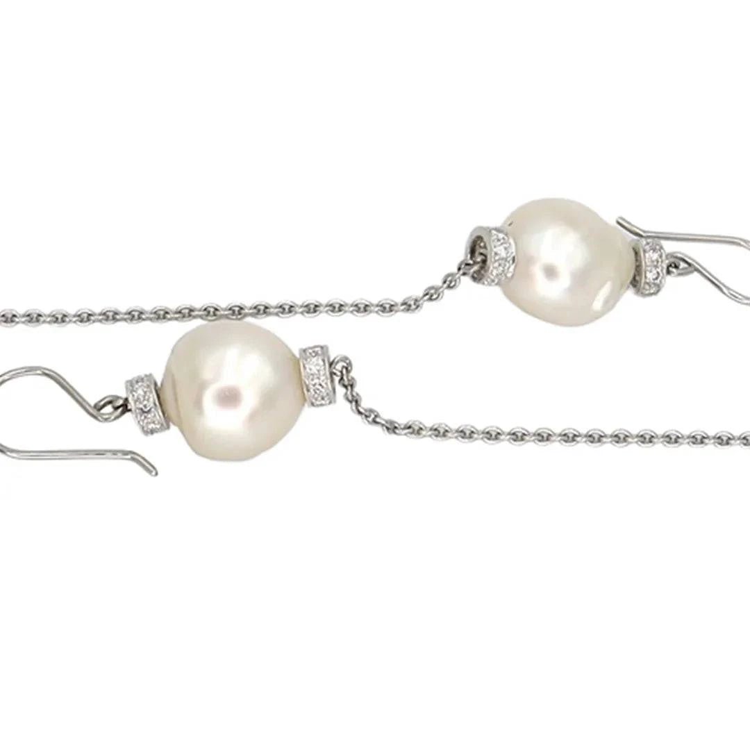 “Nina Mae” Platinum South Sea Pearl & Diamond Drop Earrings - Vintage Hollywood Glamour - Petra Star