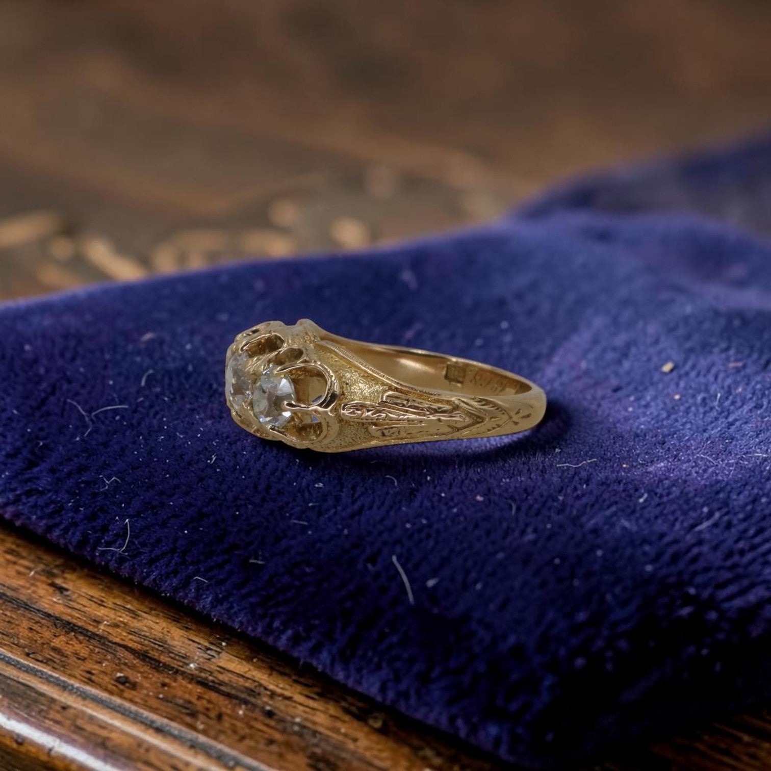 Antique Victorian 3 stone diamond ring in 18K gold with old mine cut diamonds, engraved date 1868, gypsy set trilogy band.