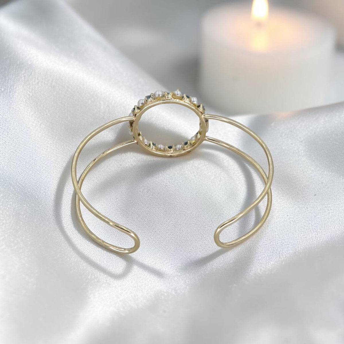 Reimagined Estate Brooch Cuff Bracelet — 14K Gold, Pearl & Blue Zircon, Circa 1930s