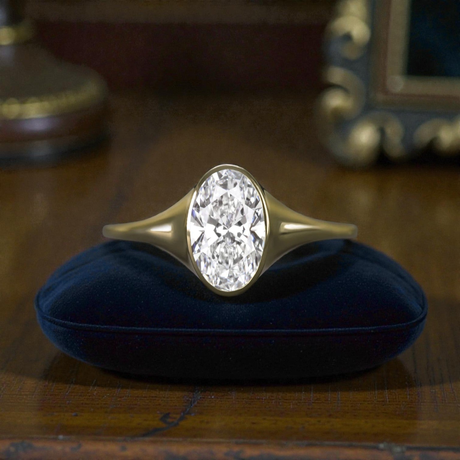 Oval Solitaire Bezel Set in 14k Yellow Gold 1 ct Lab Created Diamond - Petra Star