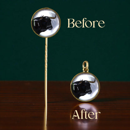 Antique Reverse-Painted Essex Crystal Ox Pendant in 18k Yellow Gold