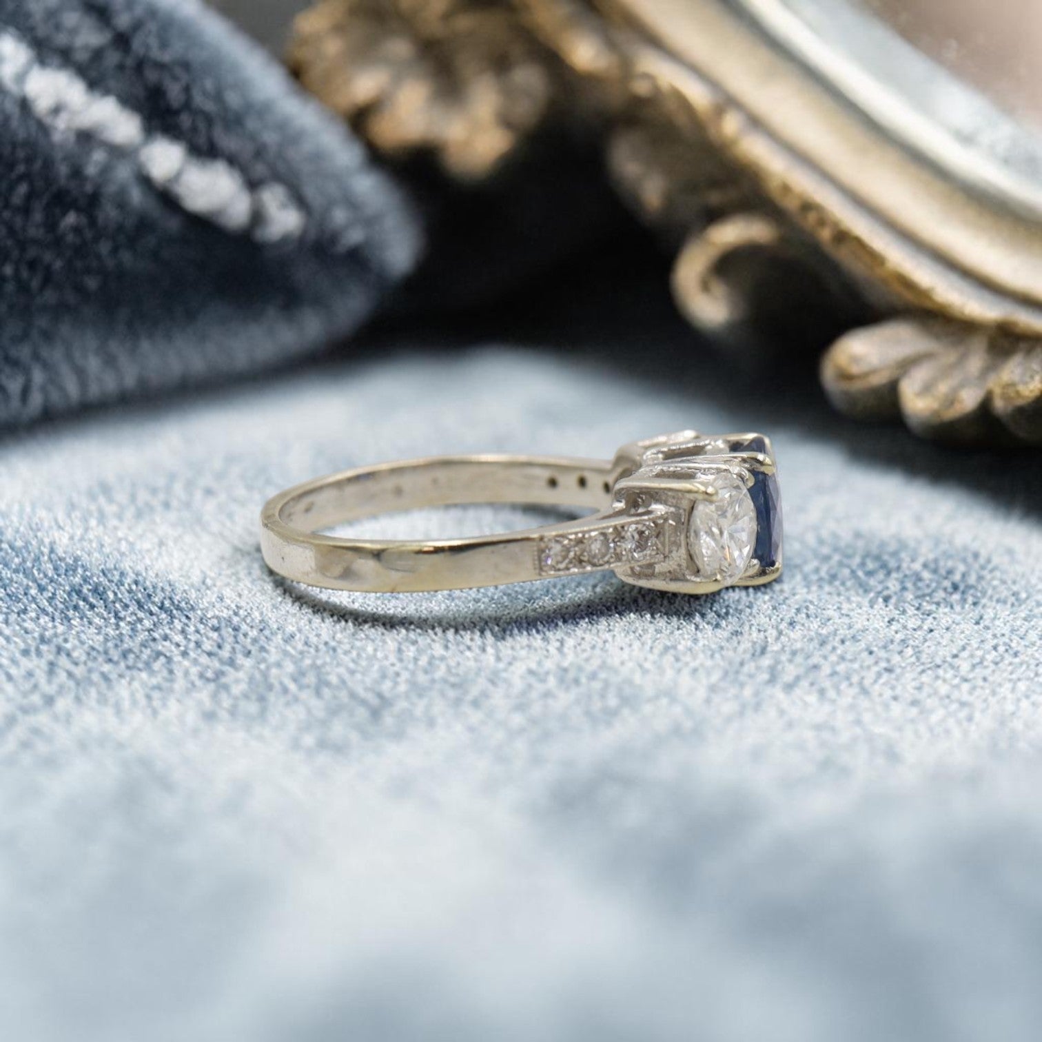 Past Present Future Sapphire Diamond Engagement Ring 14k White Gold - Petra Star