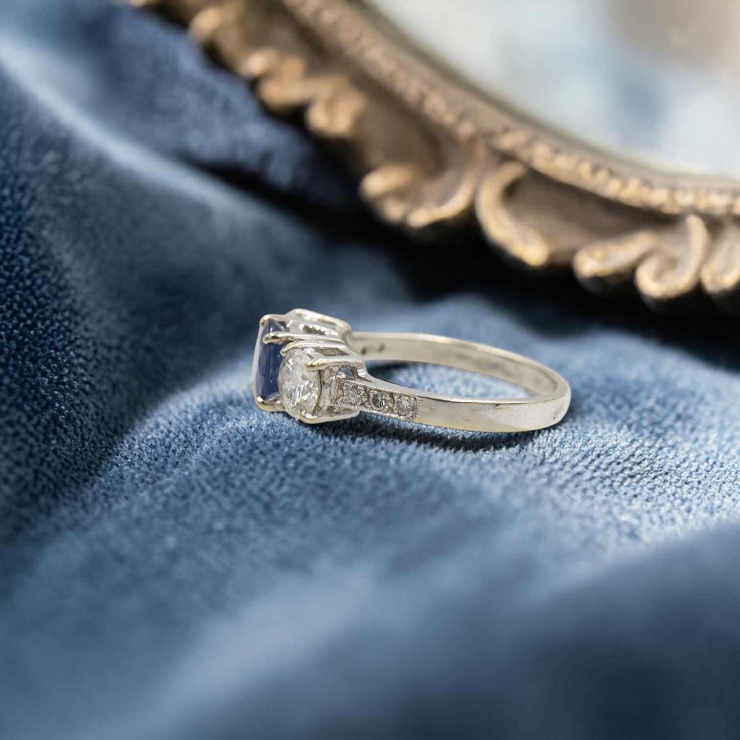 Past Present Future Sapphire Diamond Engagement Ring 14k White Gold - Petra Star