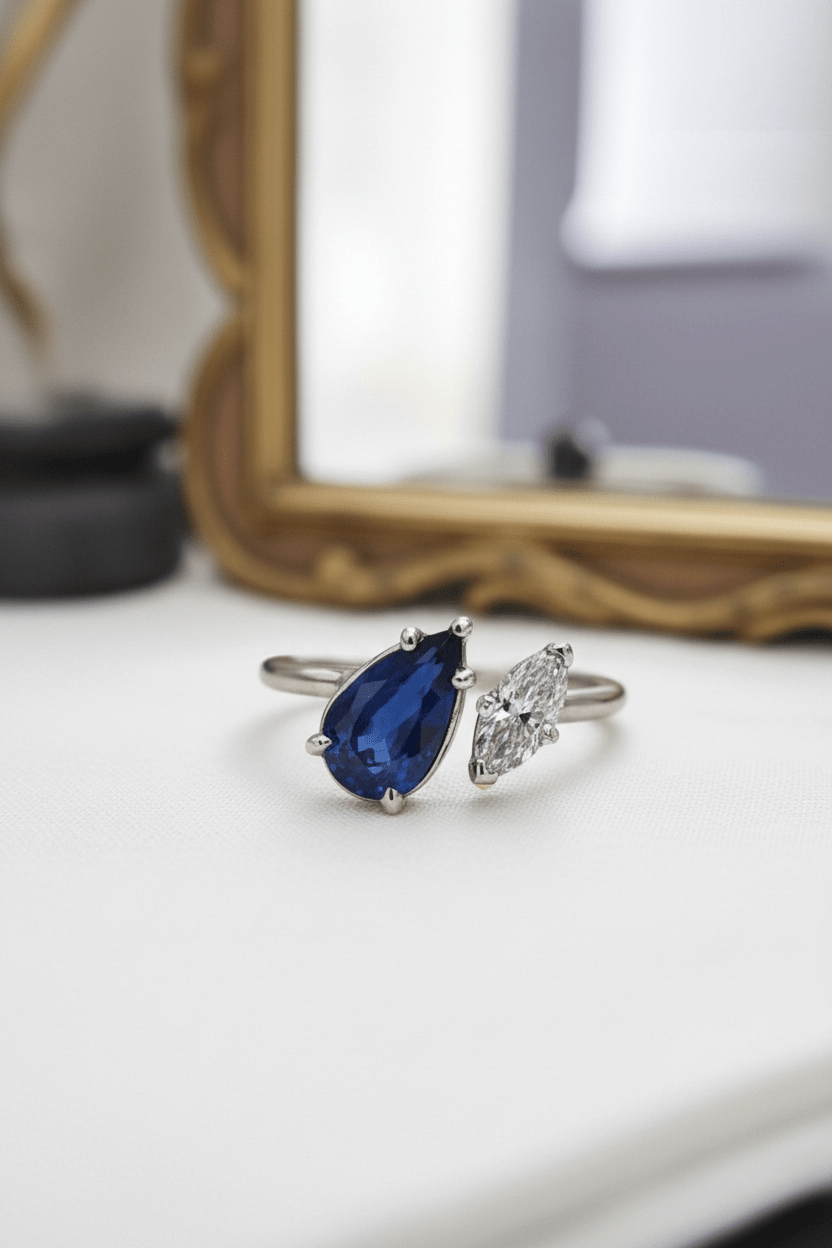 Pear Sapphire & Marquise Diamond Ring – Solid Platinum | Vintage Gemstone Engagement Ring - Petra Star