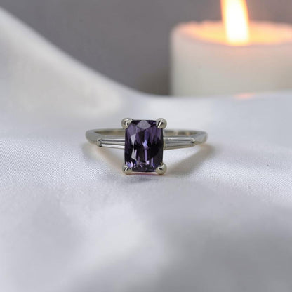 Purple Lavender Spinel Ring | 1.67ct Cushion Cut | Vintage 14K White Gold Tapered Baguette Mounting