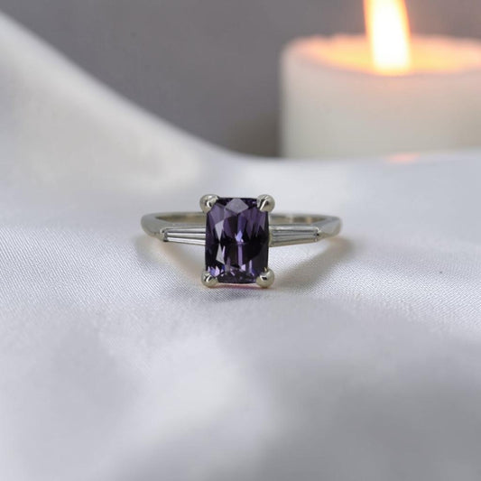 Purple Lavender Spinel Ring | 1.67ct Cushion Cut | Vintage 14K White Gold Tapered Baguette Mounting