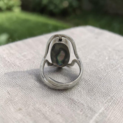 Modernist Sterling Silver Swivel Ring | Black Onyx & Abalone Shell | Rotating Double-Sided | Adjustable Open Shank | Handmade 925