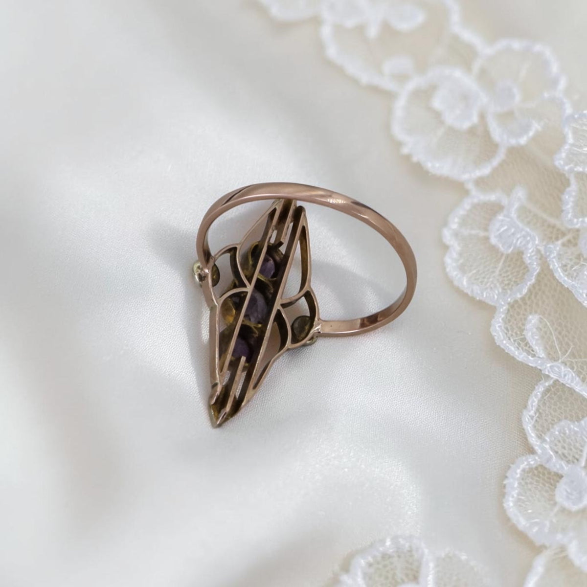 Antique Amethyst & Seed Pearl Navette Ring, Reimagined from a Late Victorian Brooch — 10K Pink Gold, Size 7