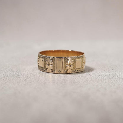 Antique Victorian 10K Gold Cigar Band Ring | J.R. Wood & Sons | Floral Engraved Wedding Band | Petra Star - Petra Star