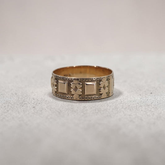 Antique Victorian 10K Gold Cigar Band Ring | J.R. Wood & Sons | Floral Engraved Wedding Band | Petra Star - Petra Star