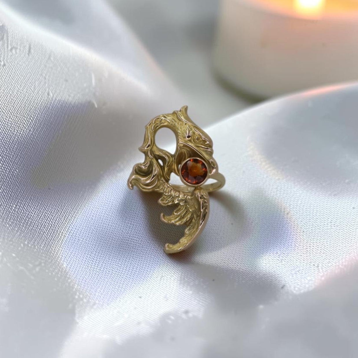 Art Nouveau Griffin ring in 10k gold with Madeira citrine, featuring a detailed griffin design, converted from a vintage brooch.