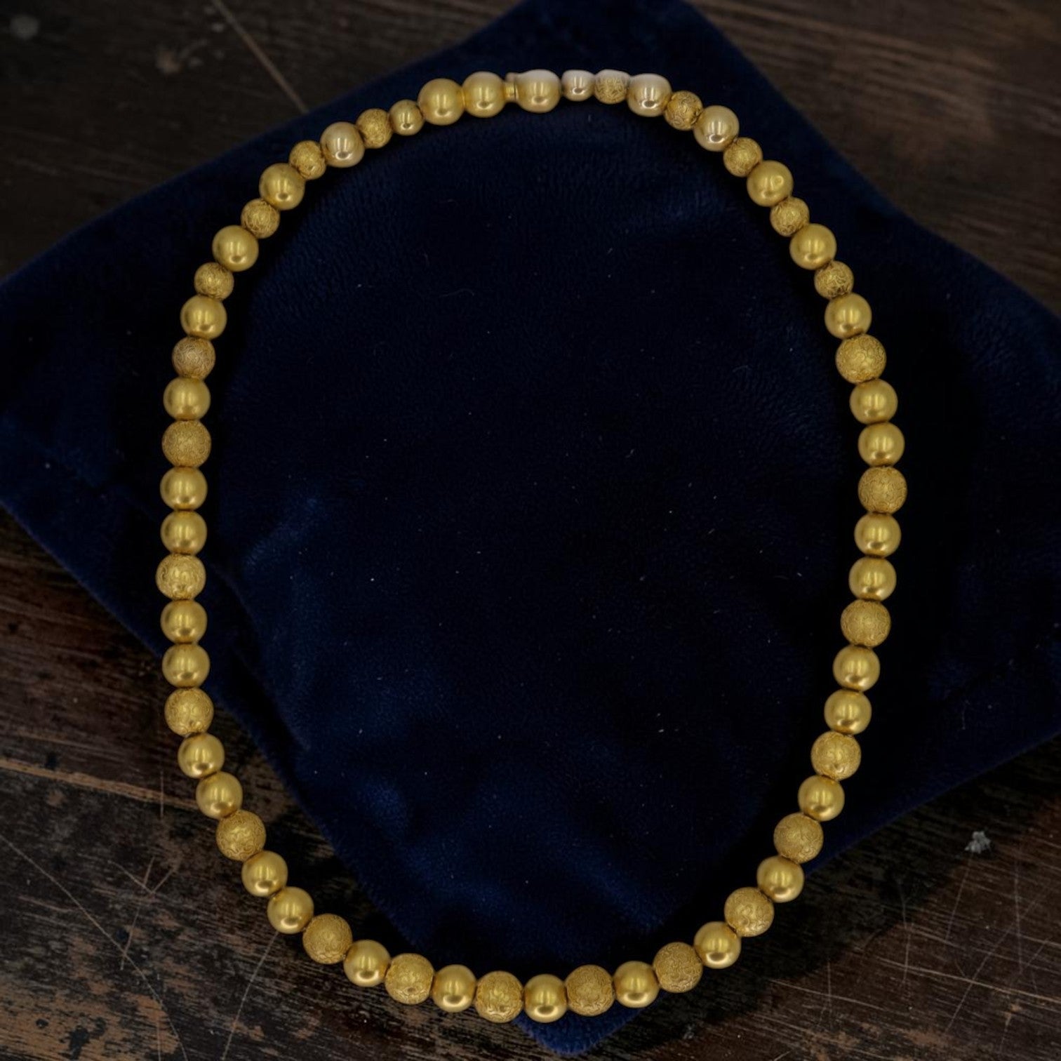 Victorian Etruscan Revival 14k Gold Bead Necklace, Granulated Beads, 1850-1880, 16", Antique Fine Jewelry