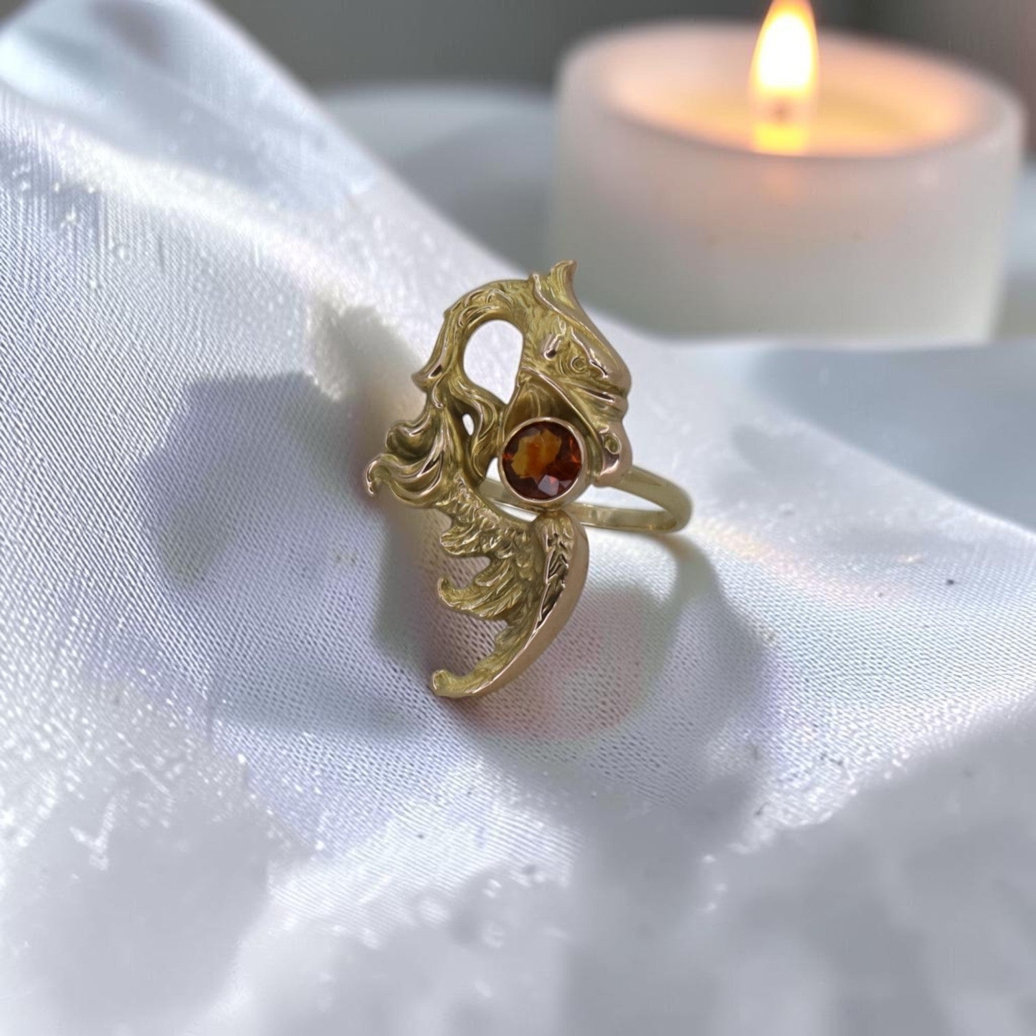 Art Nouveau Griffin ring by The Vintage Vault featuring 10k gold and Madeira citrine in a detailed bezel setting