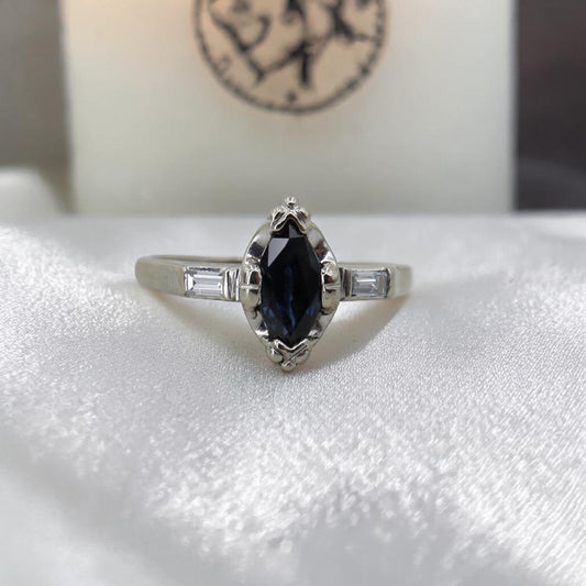 Marquise Teal Sapphire Ring with Channel-Set Baguette Diamonds in 14k White Gold - Petra Star