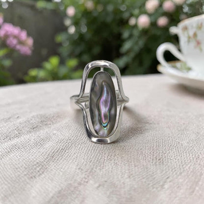 Modernist Sterling Silver Swivel Ring | Black Onyx & Abalone Shell | Rotating Double-Sided | Adjustable Open Shank | Handmade 925
