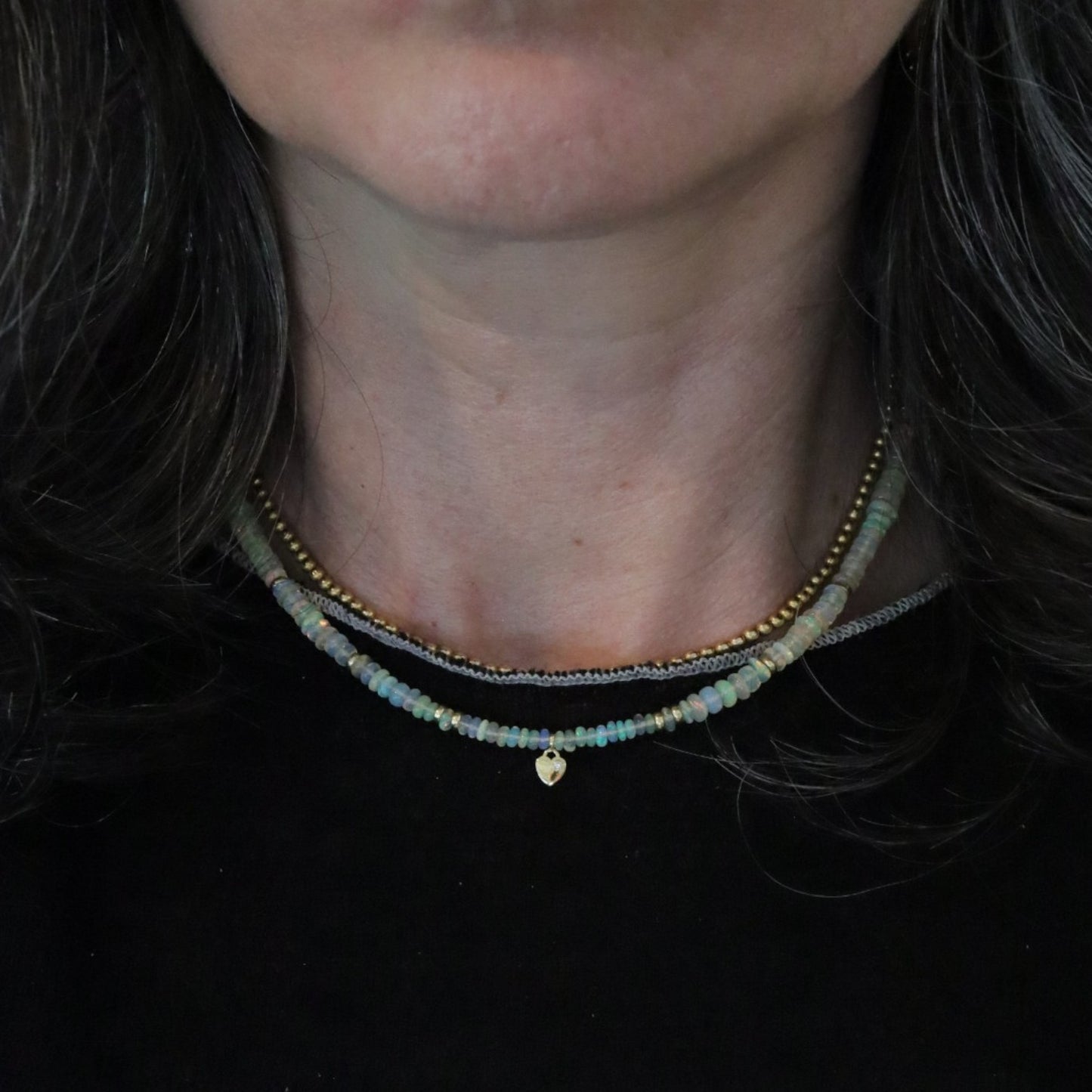 Ethiopian Opal Bead Necklace | 14K Gold Rondelles & Diamond Heart Charm | Choker Welo Fire Opal | Petra Star