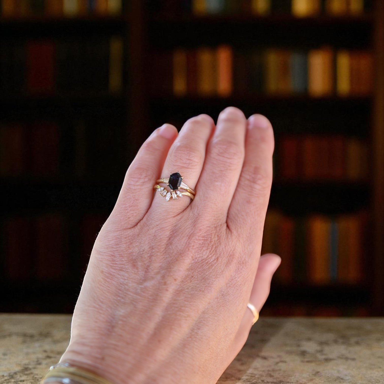 Petra Star Original: Hexagonal Teal Sapphire Ring with Tapered Baguette Diamonds in 14k Yellow Gold - Petra Star